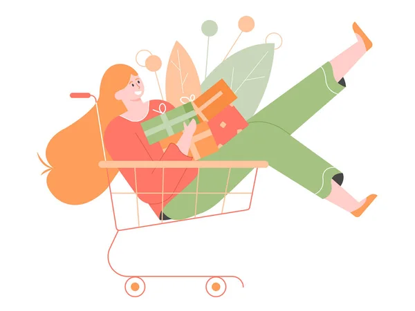 Cheerful girl character in a shopping trolley. — Stock Vector