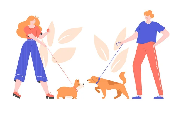 Propriétaires de chiens pour une promenade . — Image vectorielle