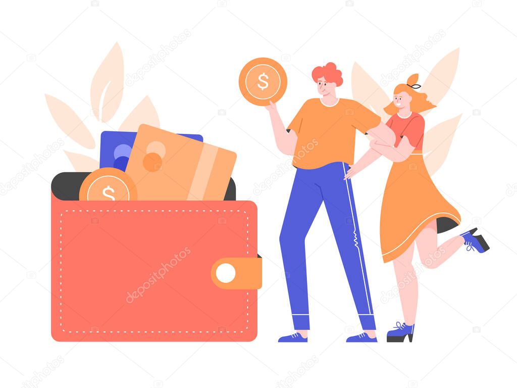 Couple next to a wallet with bank cards and coins.