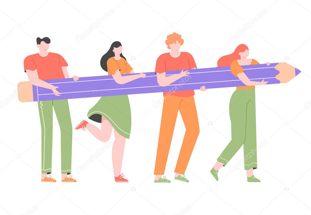 Group of people carries a giant pencil.