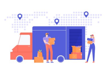 Nakliye şirketinin nakliyecileri kamyonun yanında..