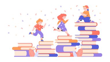 Sevimli çocuk karakterleri ve kitap yığınları.