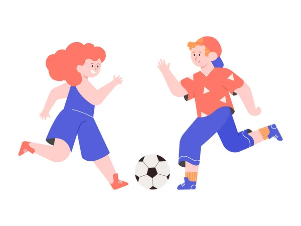 孩子们踢足球。一个男孩和一个女孩踢了一个球. — 图库矢量图片