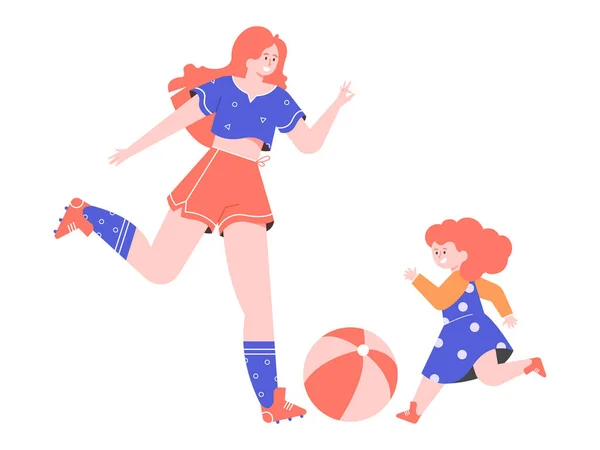 Mulher e menina estão brincando com uma bola —  Vetores de Stock