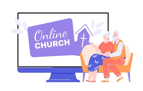 Ouderen en de online kerkdienst site — Stockvector