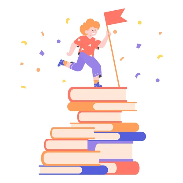 Pojke skolpojke på toppen av en hög med böcker — Stock vektor
