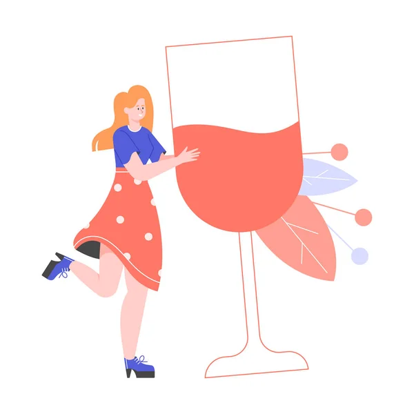 Chica con una copa gigante de vino . — Vector de stock