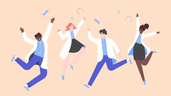 Glückliche multinationale Ärzte springen glücklich. — Stockvektor