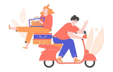 Bir adam ve bir kadın bavulları ve scooterlı bir kedileri var..