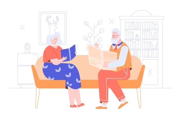 Důchodci sedí v obývacím pokoji. — Stockový vektor