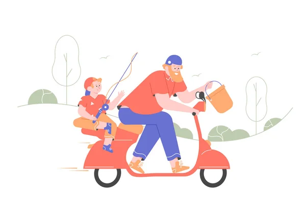 Père et fils montent un cyclomoteur lors d'un voyage de pêche . — Image vectorielle