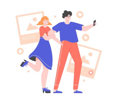 Genç çift selfie çekiyor. Pazarlamayı etkilemek