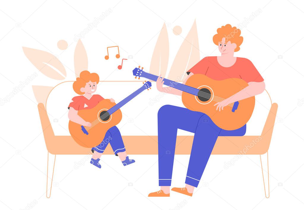 Lesson playing the guitar. Father and son 