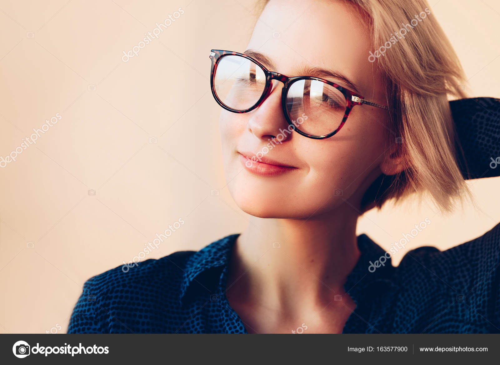 Young Relaxed Girl Portrait Blonde Woman In Glasses Short Hair