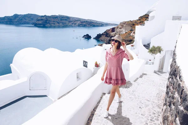 Travel Tourist Happy Woman waking Stairs Santorini, Greek Island