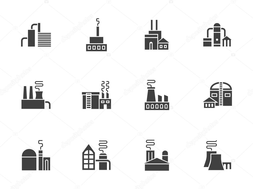 Power Plant Warehouses Factories And Other Industrial Buildings With Chimneys Pipelines Industry Architecture And Ecology Problems Set Of Symbolic Black Monochrome Design Vector Icons Premium Vector In Adobe Illustrator Ai