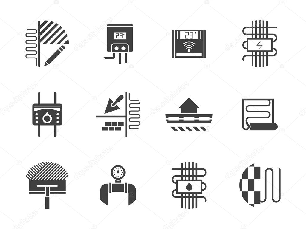 Floor heating black monochrome vector icons set