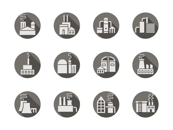 Fabrieken en fabrieken ronde grijze vector icons set — Stockvector