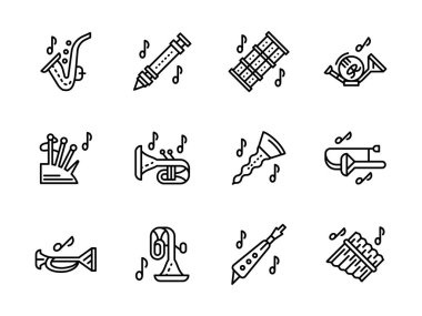 Müzik aletleri Rüzgar siyah çizgi vektör Icons set