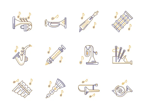 Instrumenty dęte melodie kolor linii wektor zestaw ikon — Wektor stockowy