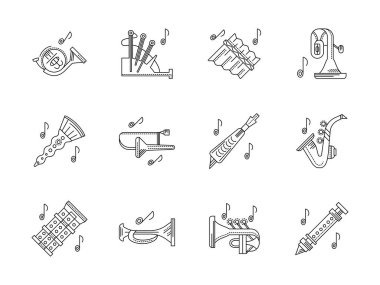 Orkestra melodiler düz çizgi vektör Icons set