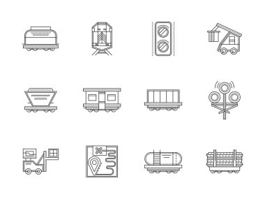Demiryolu trafiği ve otomobil düz çizgi vektör simgeler
