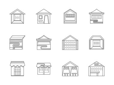 Ticaret çadır düz çizgi vektör simgeler kümesi