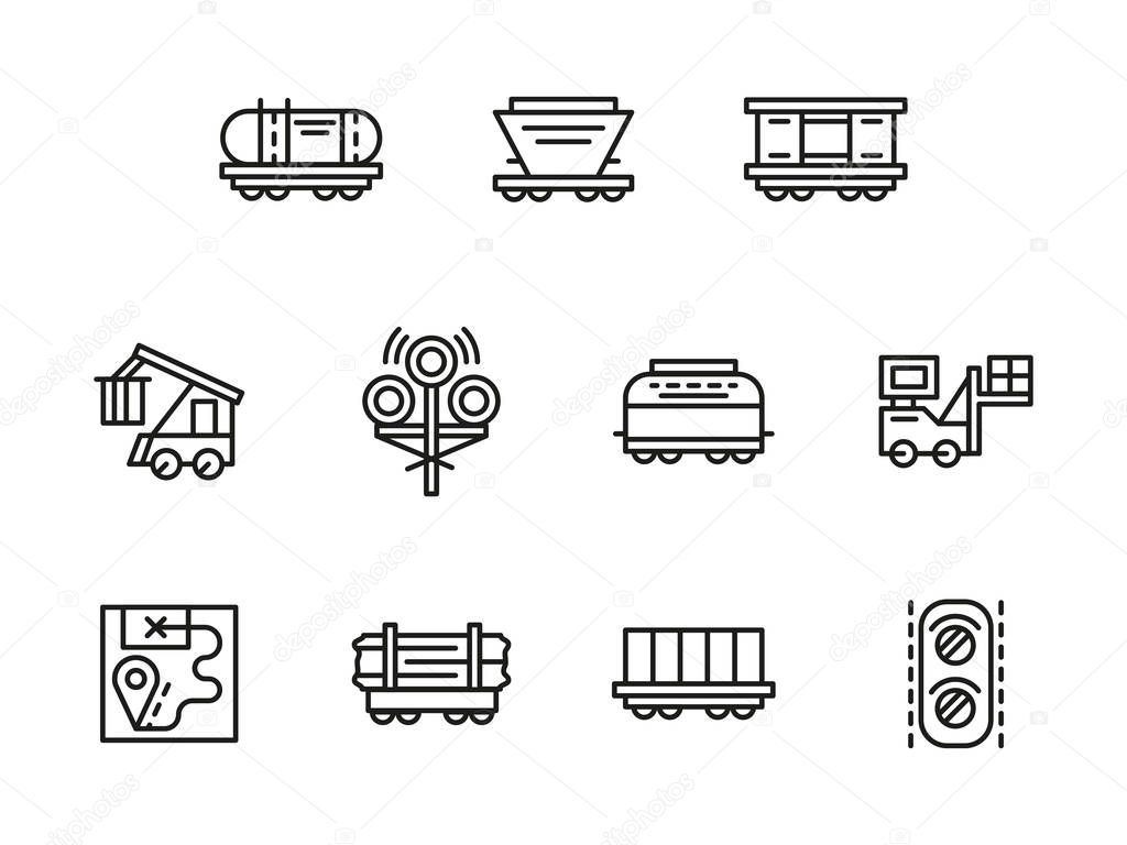 Railroad logistics black line vector icons set