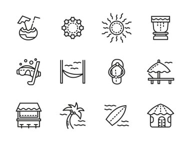 Plaj boş zaman siyah çizgi vektör simge seti