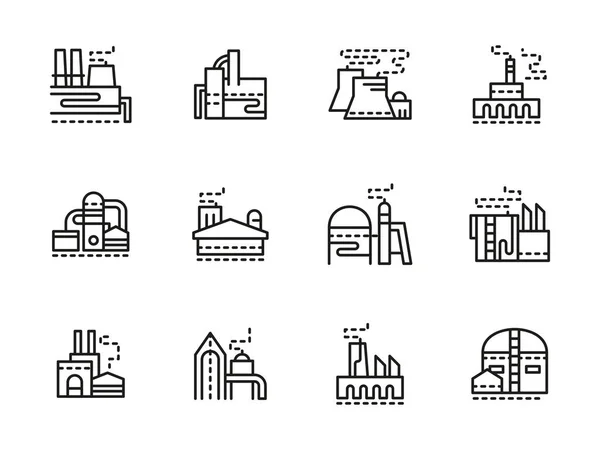 Industrial plants black line vector icons set — Stock Vector