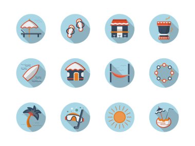 Yaz dinlenme yuvarlak düz renk vektör simgeler kümesi