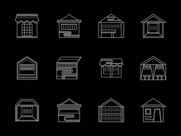 Tipos de comercio tienda plana línea blanca vector iconos — Archivo Imágenes Vectoriales