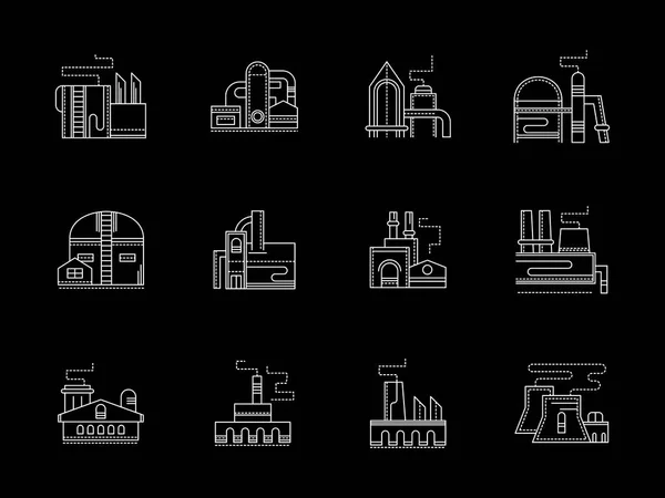 Fábrica edificios plana línea blanca vector iconos conjunto — Vector de stock