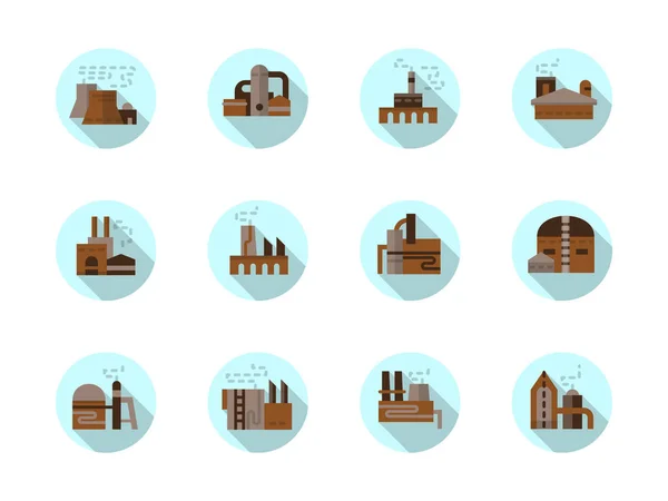 공장 원형 평면 블루 벡터 아이콘 세트 — 스톡 벡터
