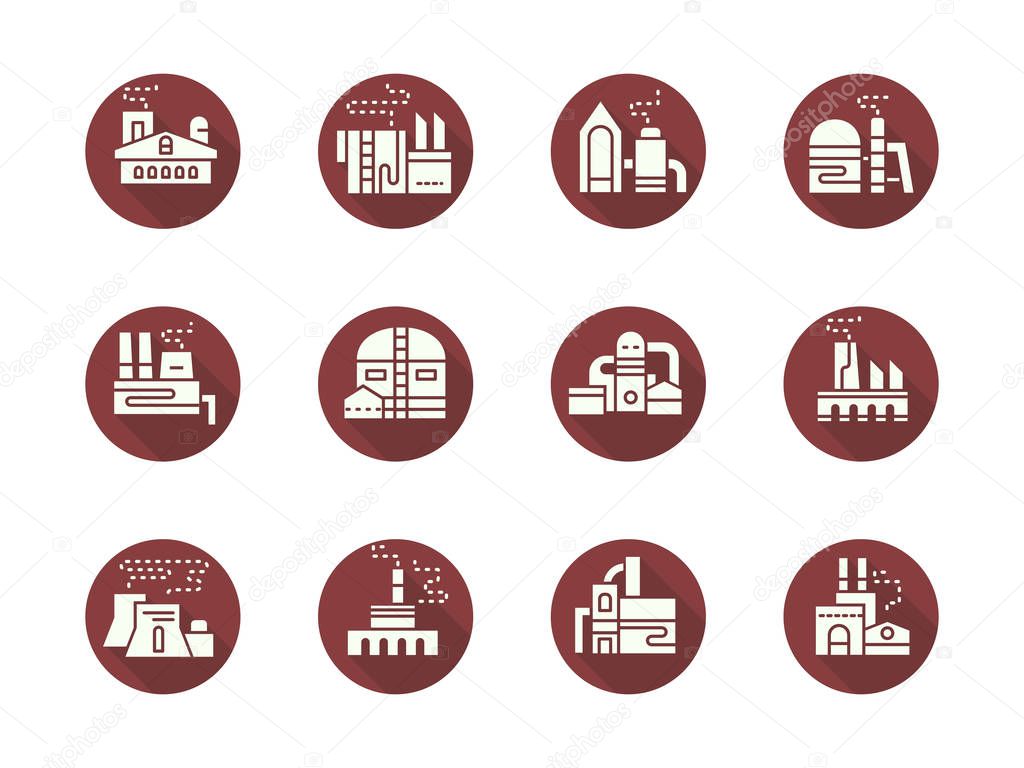 Power plants and factories round flat vector icons