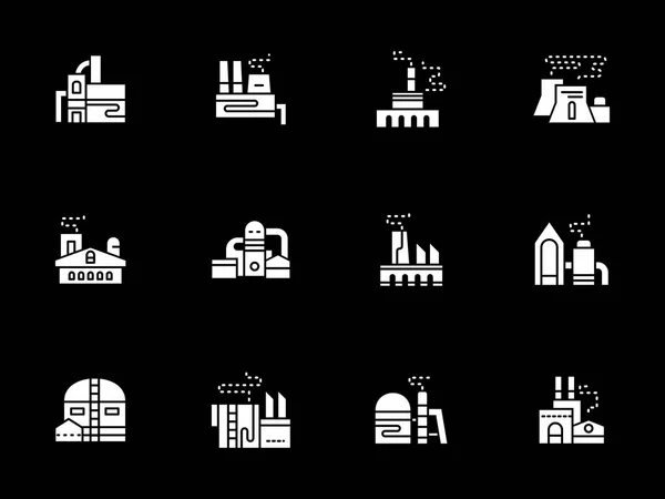 Iconos de vectores de glifo blanco para fábricas industriales — Vector de stock