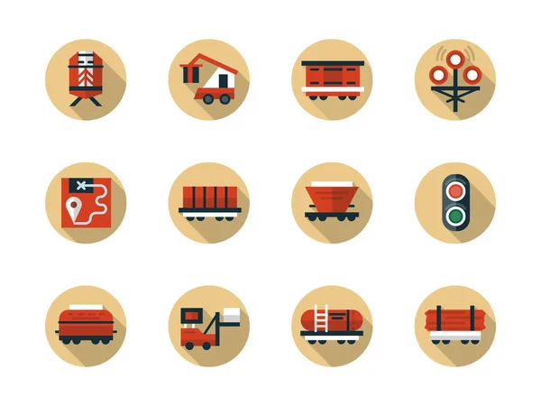 Tren carga envío ronda plana beige vector iconos — Vector de stock