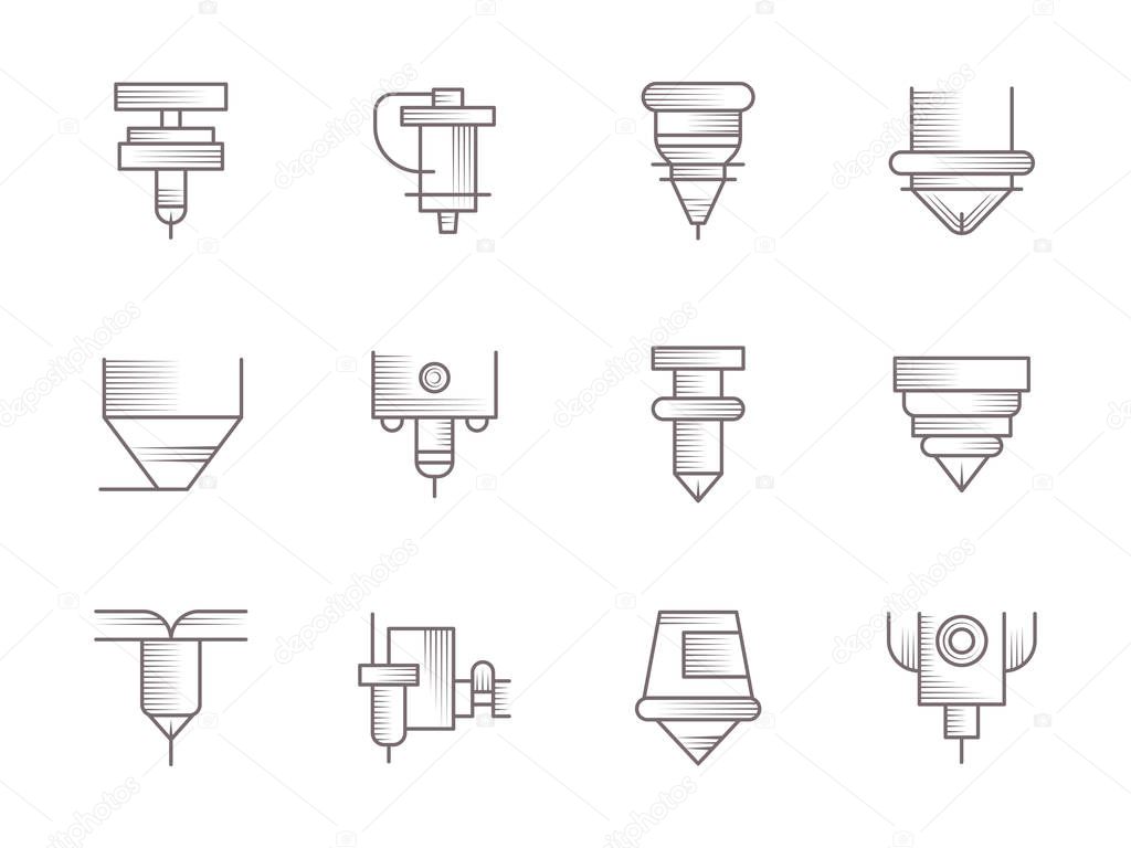 Symbols of CNC lasers processing. Industrial machines and modern technology. Collection of simple vintage design vector icons.