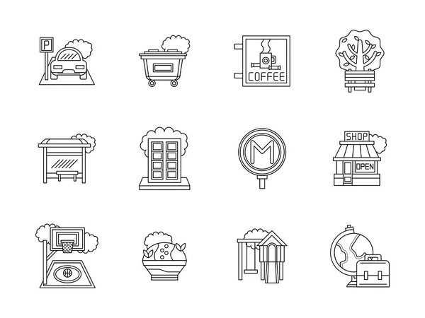 Conjunto de iconos vectoriales de línea plana de áreas urbanas — Vector de stock