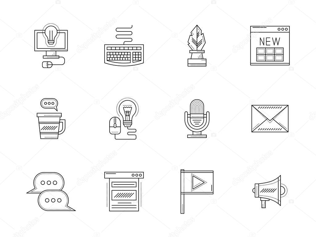 Blogging flat line vector icons set
