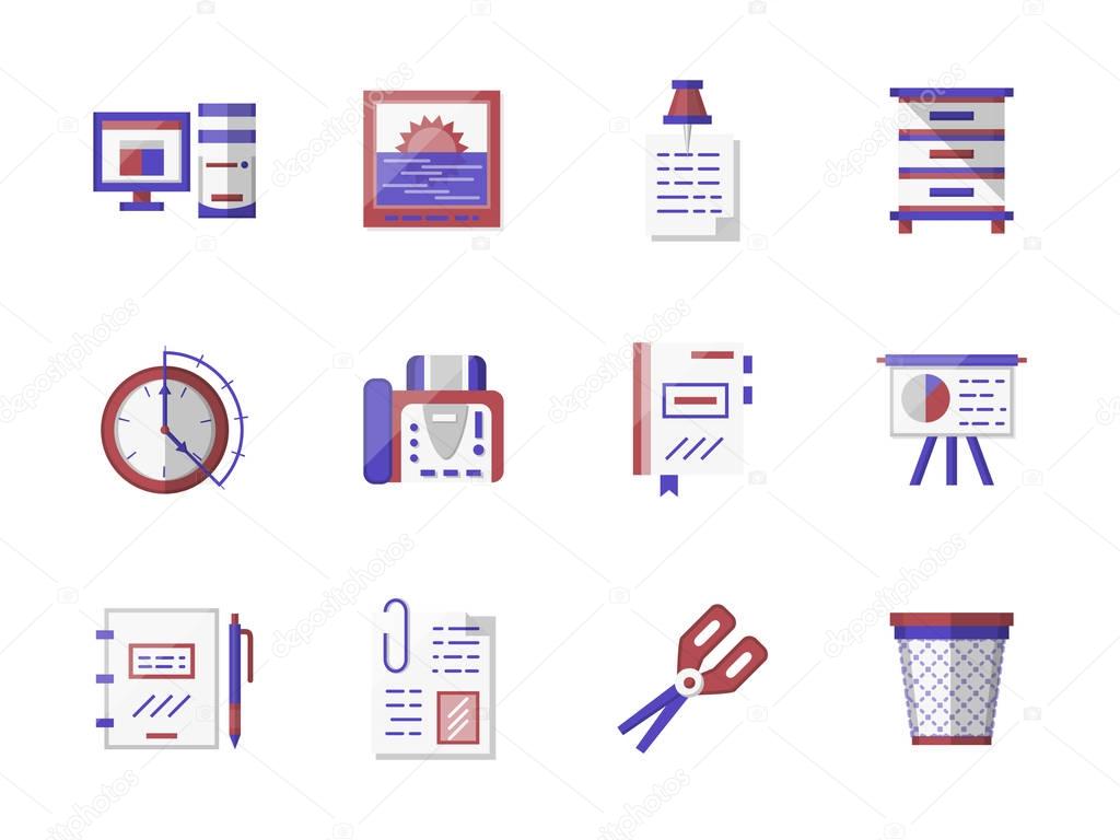 Workspace accessories flat color vector icons set
