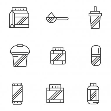 Vücut geliştirme siyah çizgi vektör simgeler takviyeleri