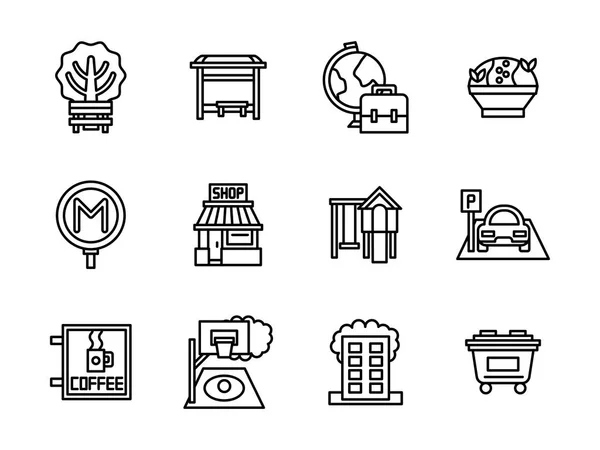 Areas of city black line vector icons set — Stock Vector