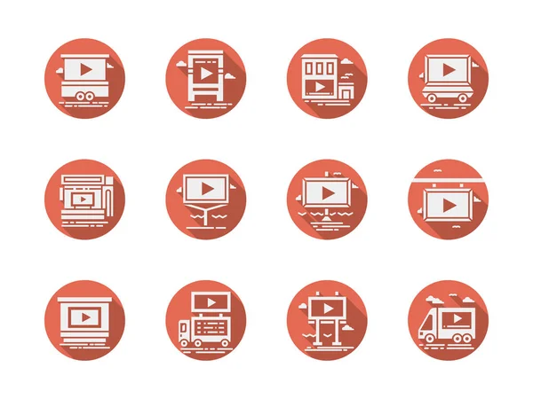 Écrans publicitaires vidéo icônes vectorielles rondes rouges — Image vectorielle