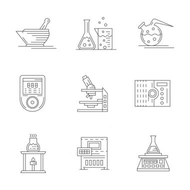 Laboratuvar ekipmanları düz çizgi vektör Icons set