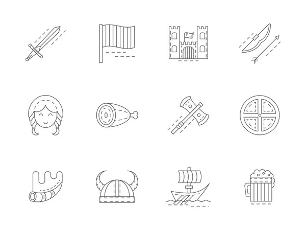 Attributs Viking ligne plate vecteur icônes ensemble — Image vectorielle