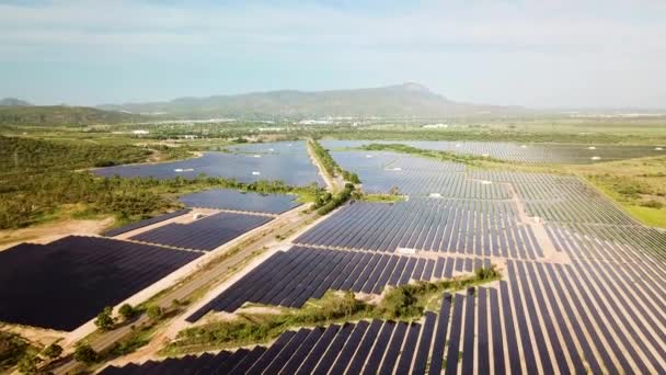 Drone flying high and straight over very large solar energy farm on sunny day. Townsville, Australia 01 07 2019 — 비디오