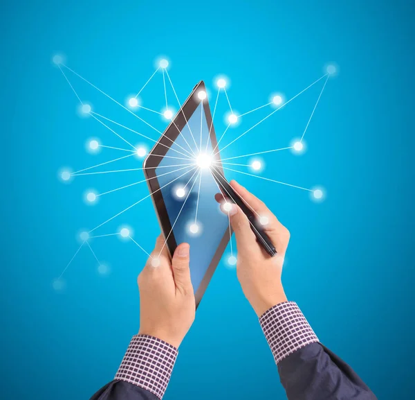 Pointing on contemporary digital tablet — Stock Photo, Image