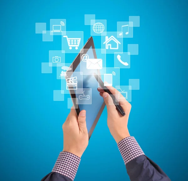 Pointing on contemporary digital tablet — Stock Photo, Image