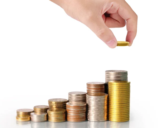 Mão humana colocando moeda para o dinheiro — Fotografia de Stock